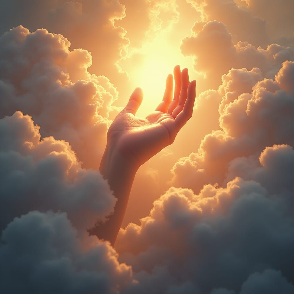 Radiant Divine Hand Emerges from Ethereal Clouds