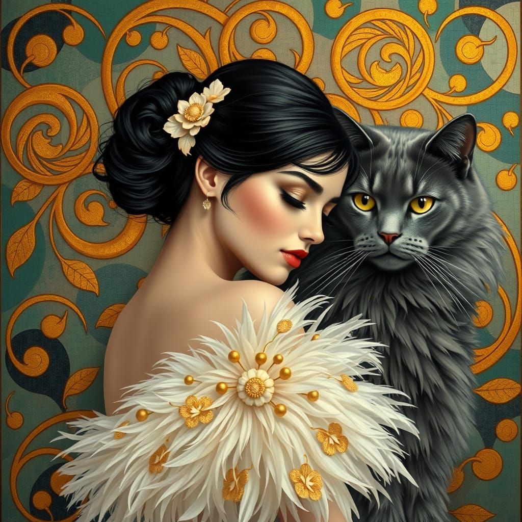 Art Nouveau Portrait of Woman with Cat in Teal and Gold
