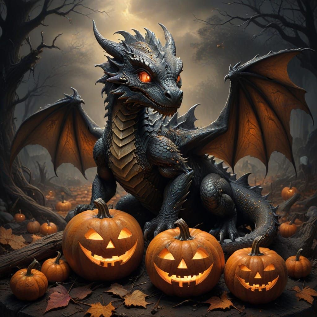 Baby Dragon Emerging from Halloween Pumpkins