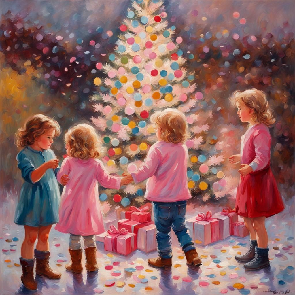 Festive Children Celebrate Christmas as Oil Painting