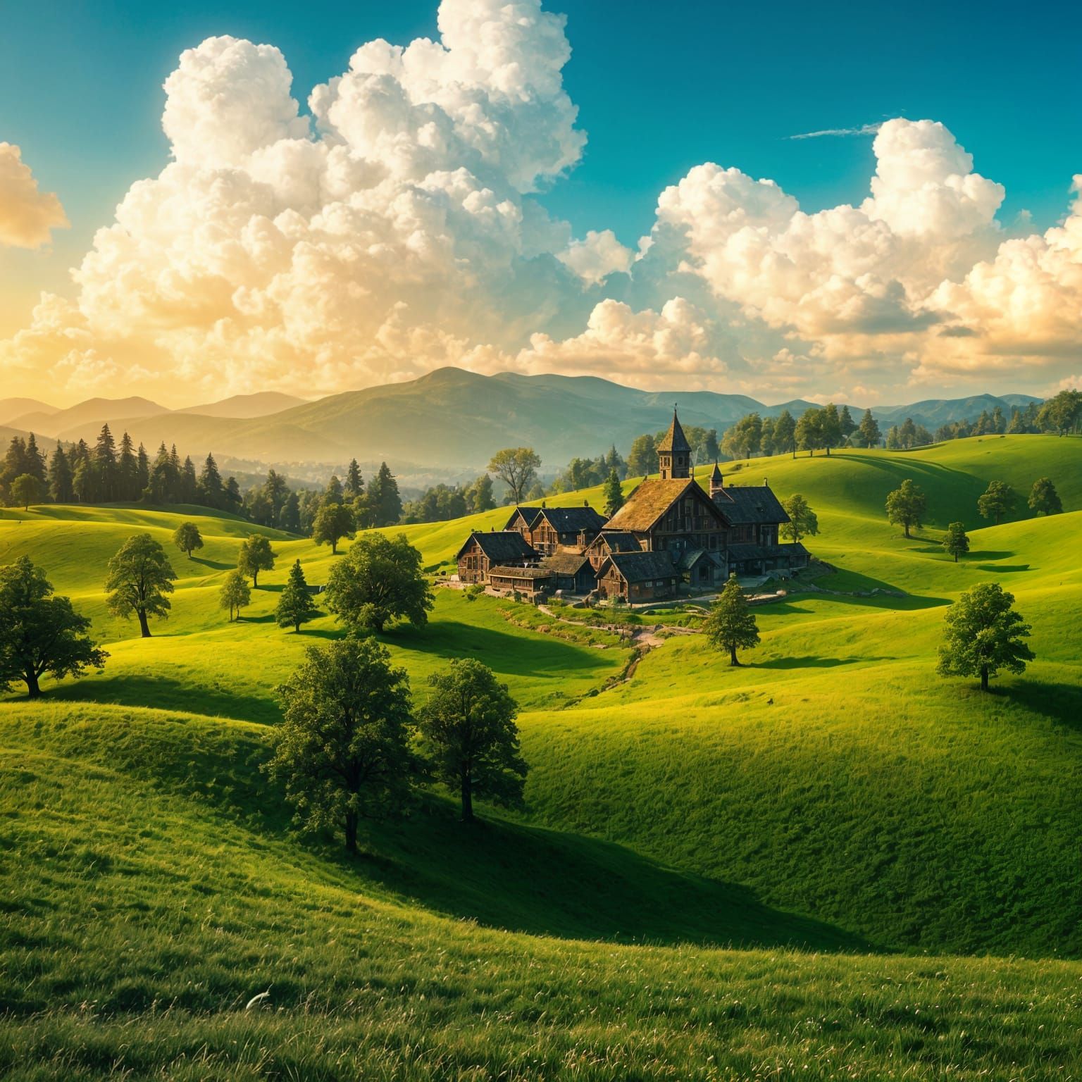 Idyllic Village Landscape in Detailed Matte Painting Style
