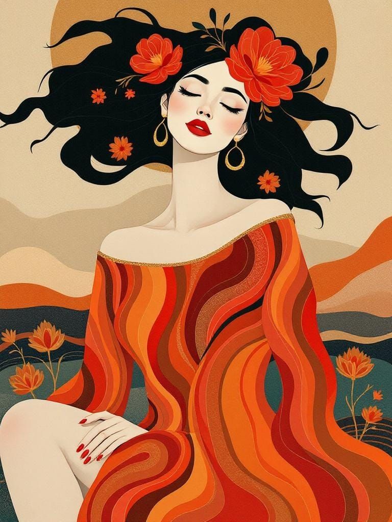 Stylized Woman Portrait in Folk Art Nouveau Style