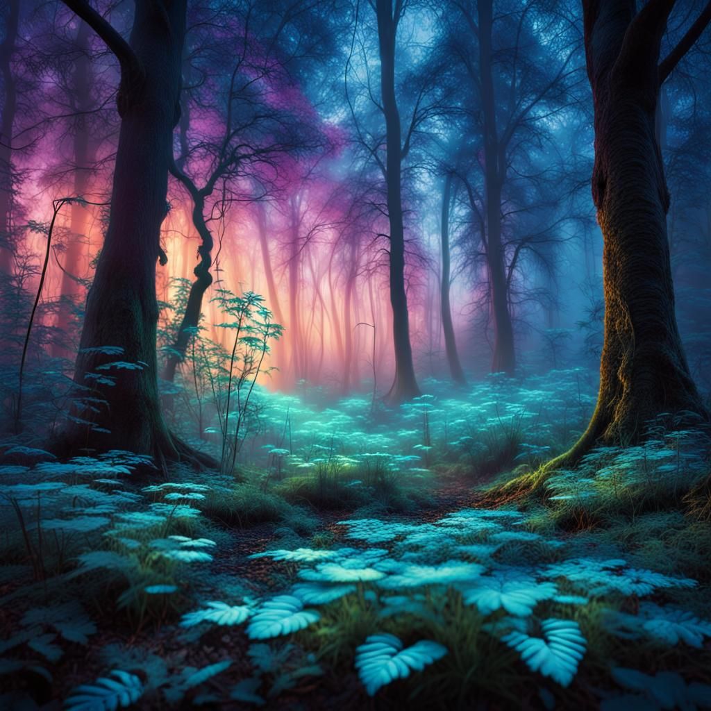 Bioluminescent Forest at Dusk in Fantasy Realism
