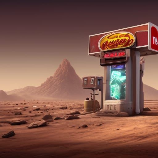 Retro Gas Station on Mars in Detailed Matte Painting