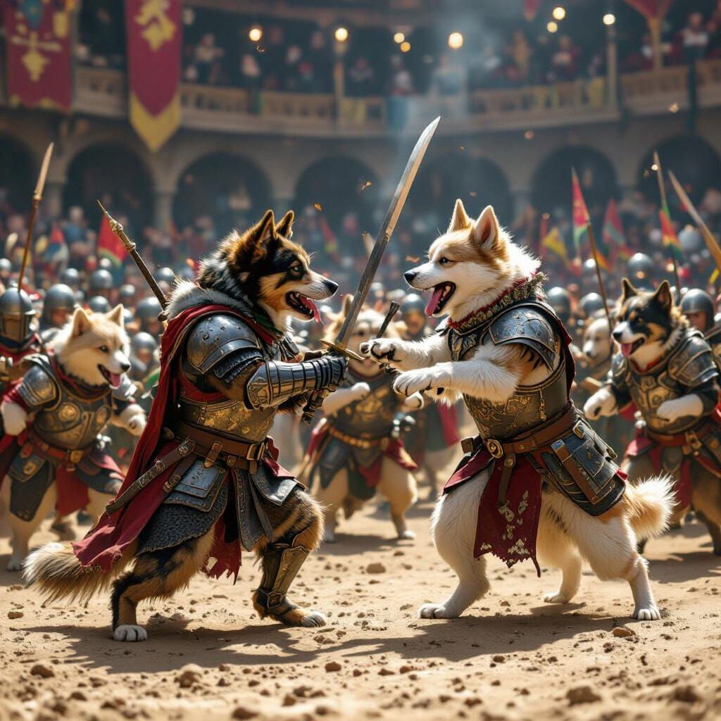 Dogs in Armor Battling in a Medieval Arena
