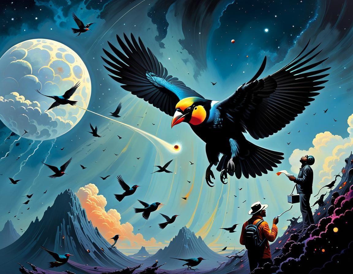 Surreal Birds in Cosmic Horror Landscape