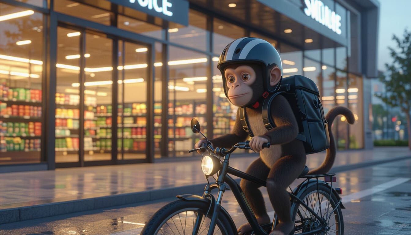Monkey Arrives at Modern Mall on Bicycle