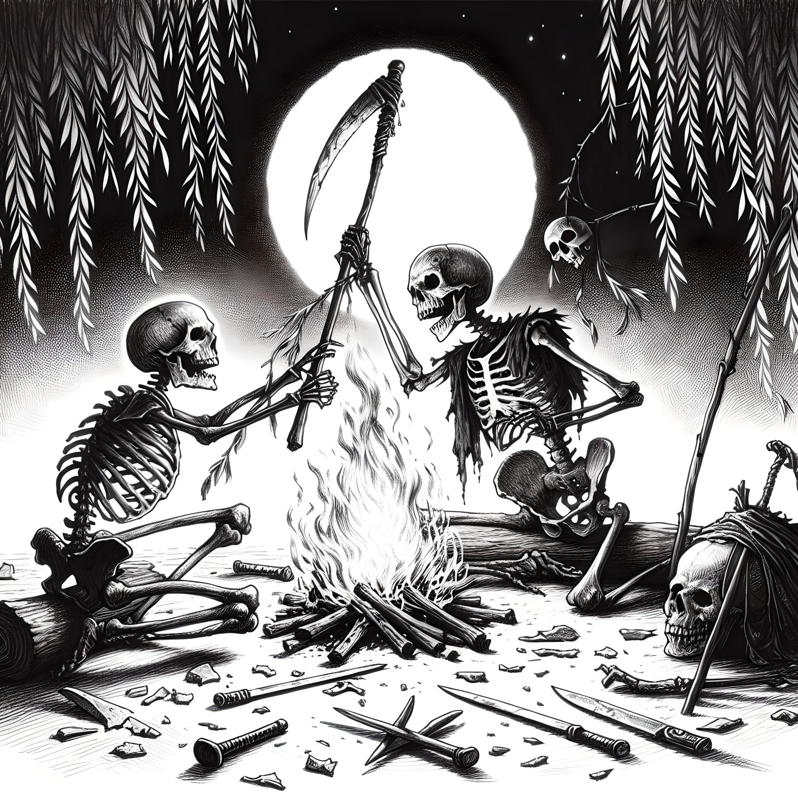 Medieval Skeletons' Dance in Moonlight: Pencil Sketch