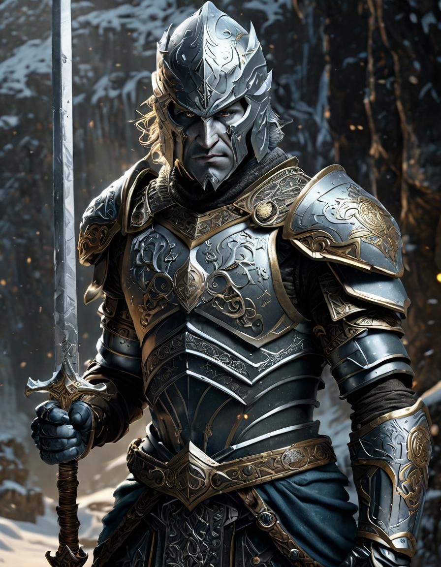 Fantasy Warrior in Snowy Landscape, Detailed Illustration