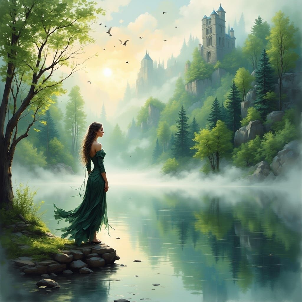 Serene Woman in Lush Greenery at Dawn