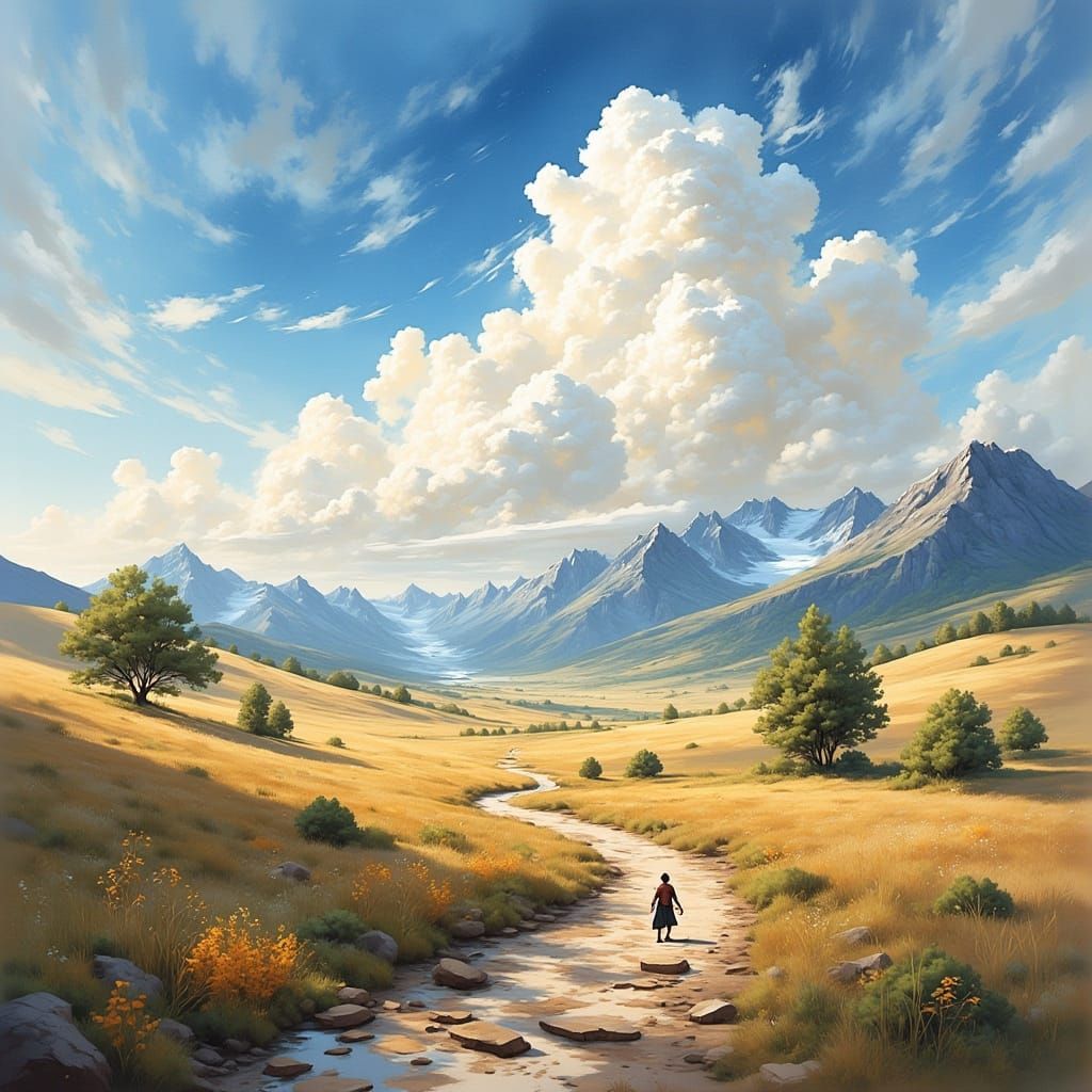 Dreamy Landscape Unfolds with Gentle Hills and Majestic Moun...