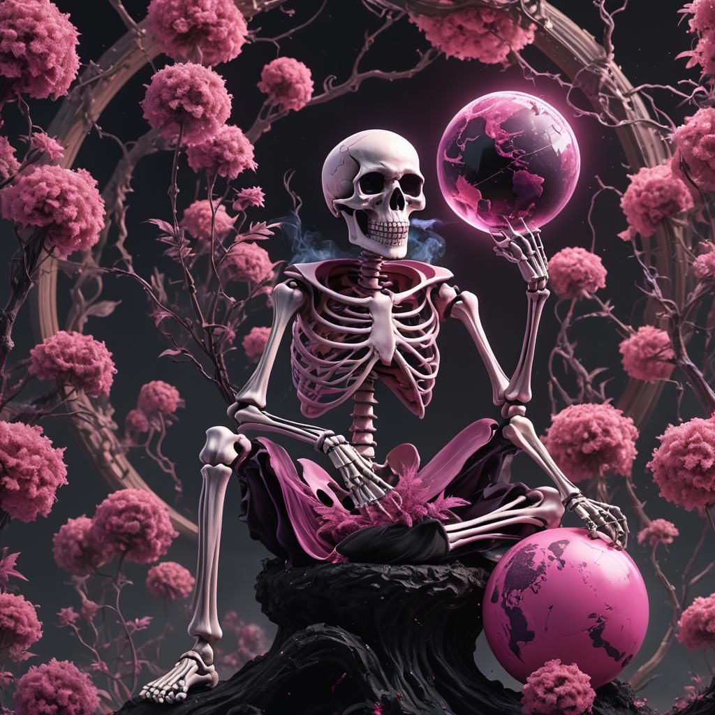 Skeleton Smokes Weed on Pink Globe in Universe