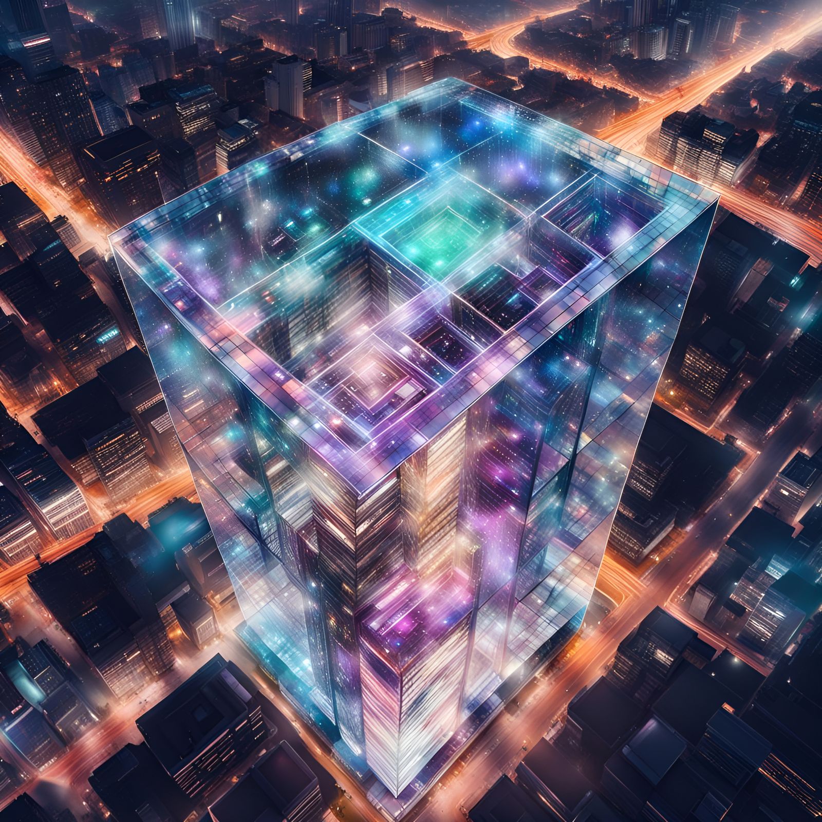 Transparent Night Building: Astral Holographic Illustration