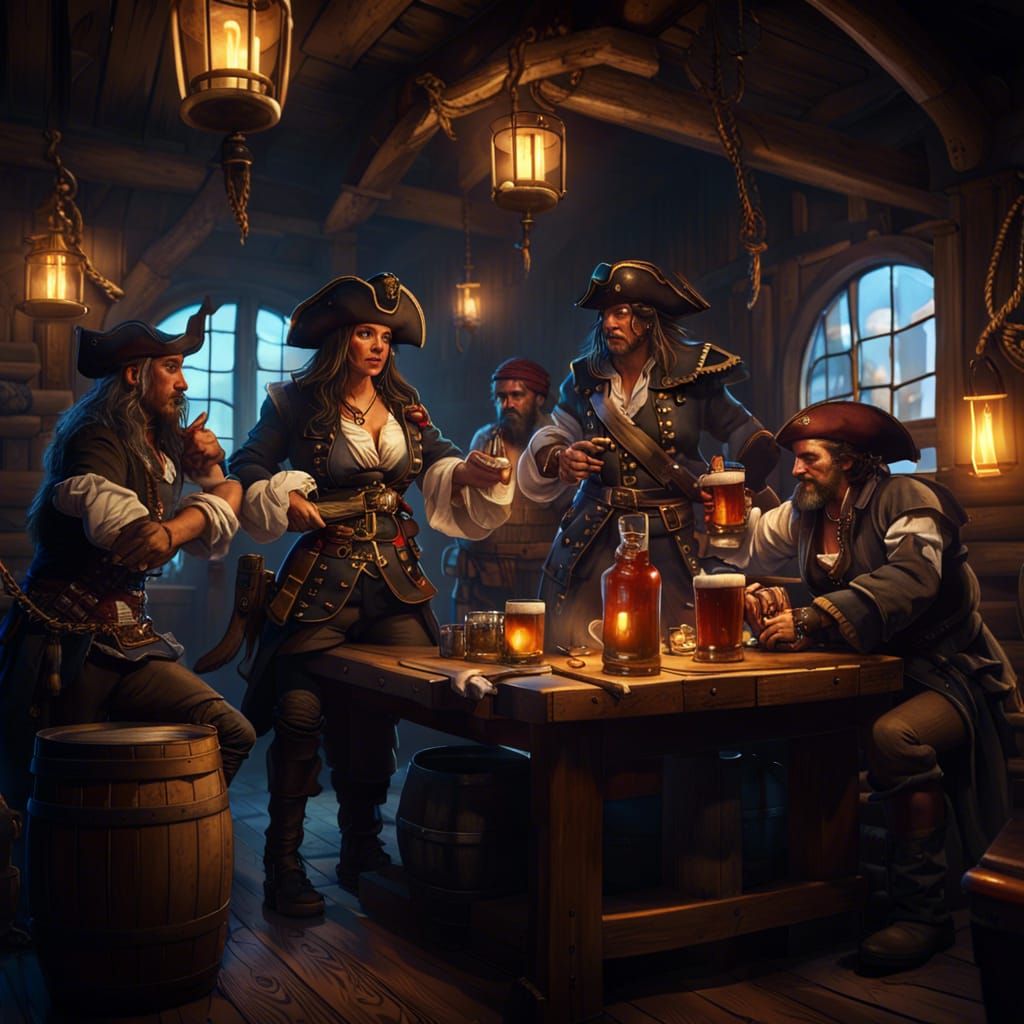 Pirates Groping Wench and Drinking in Tavern, Detailed Matte...