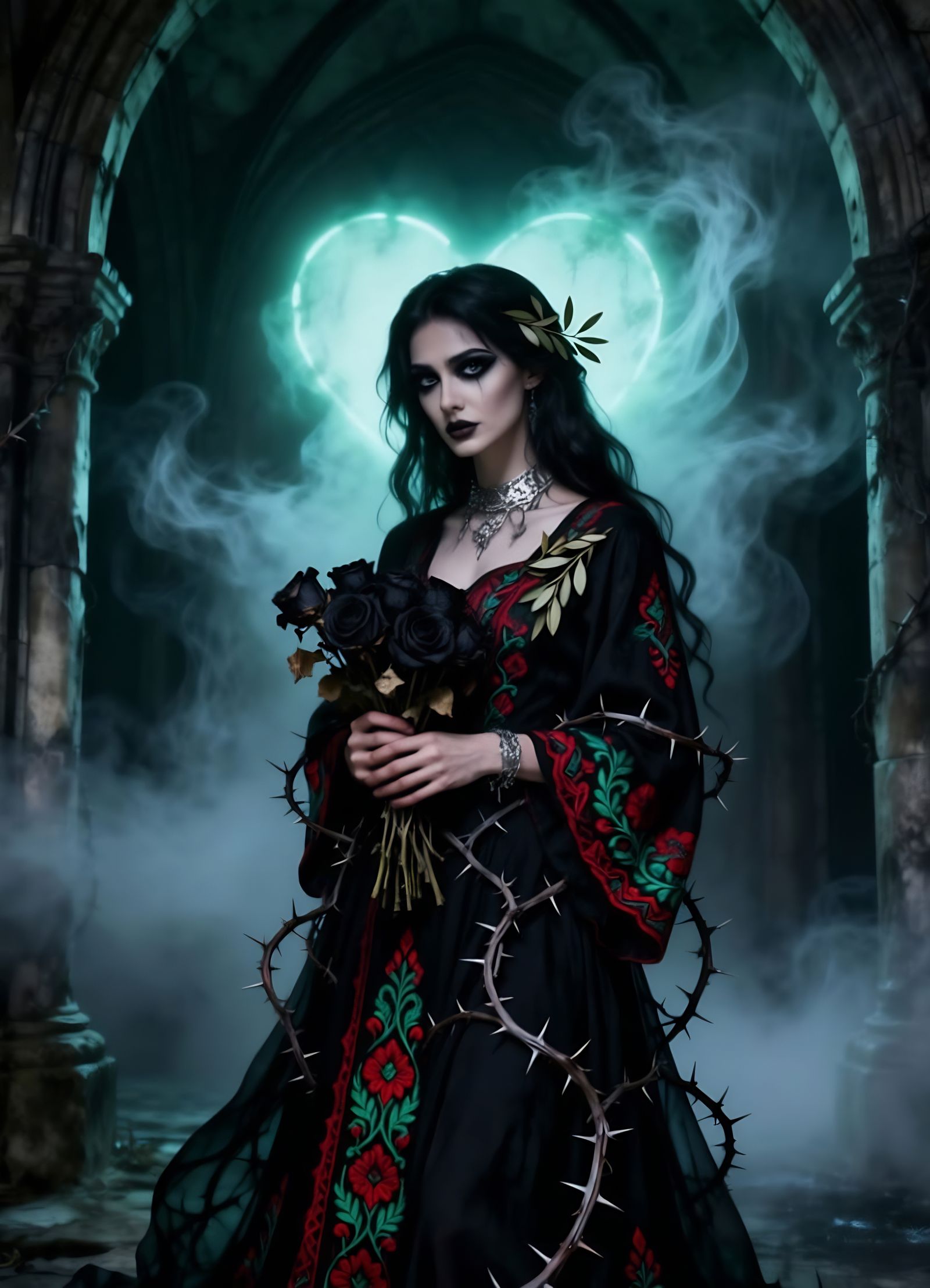 Gothic Specter Woman in Palestinian Tatreez Gown