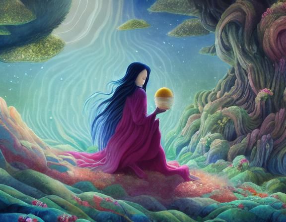 Woman Holds Galaxy in Andes, Watercolor Art