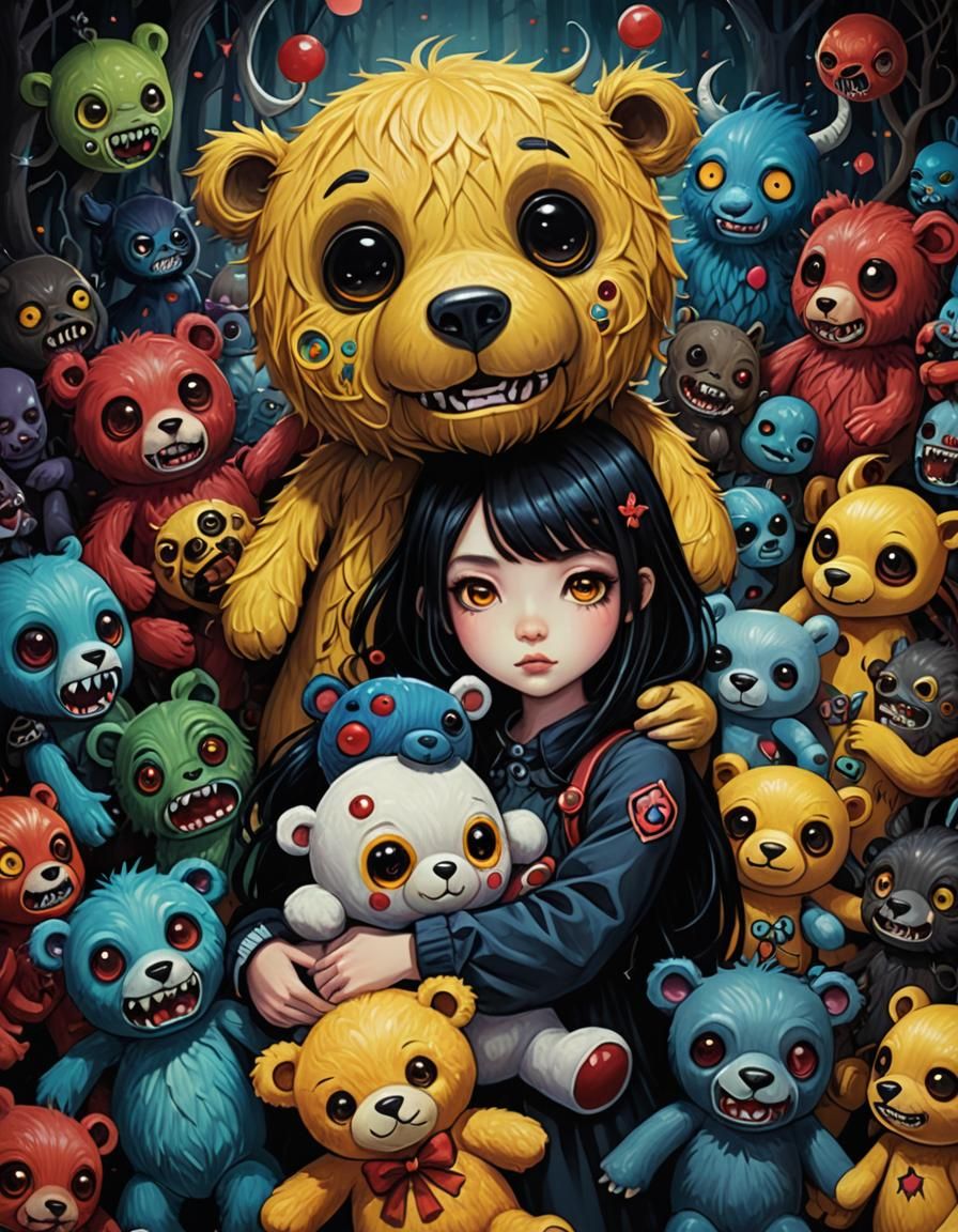 Girl Hugging Teddy Bear Surrounded by Monsters