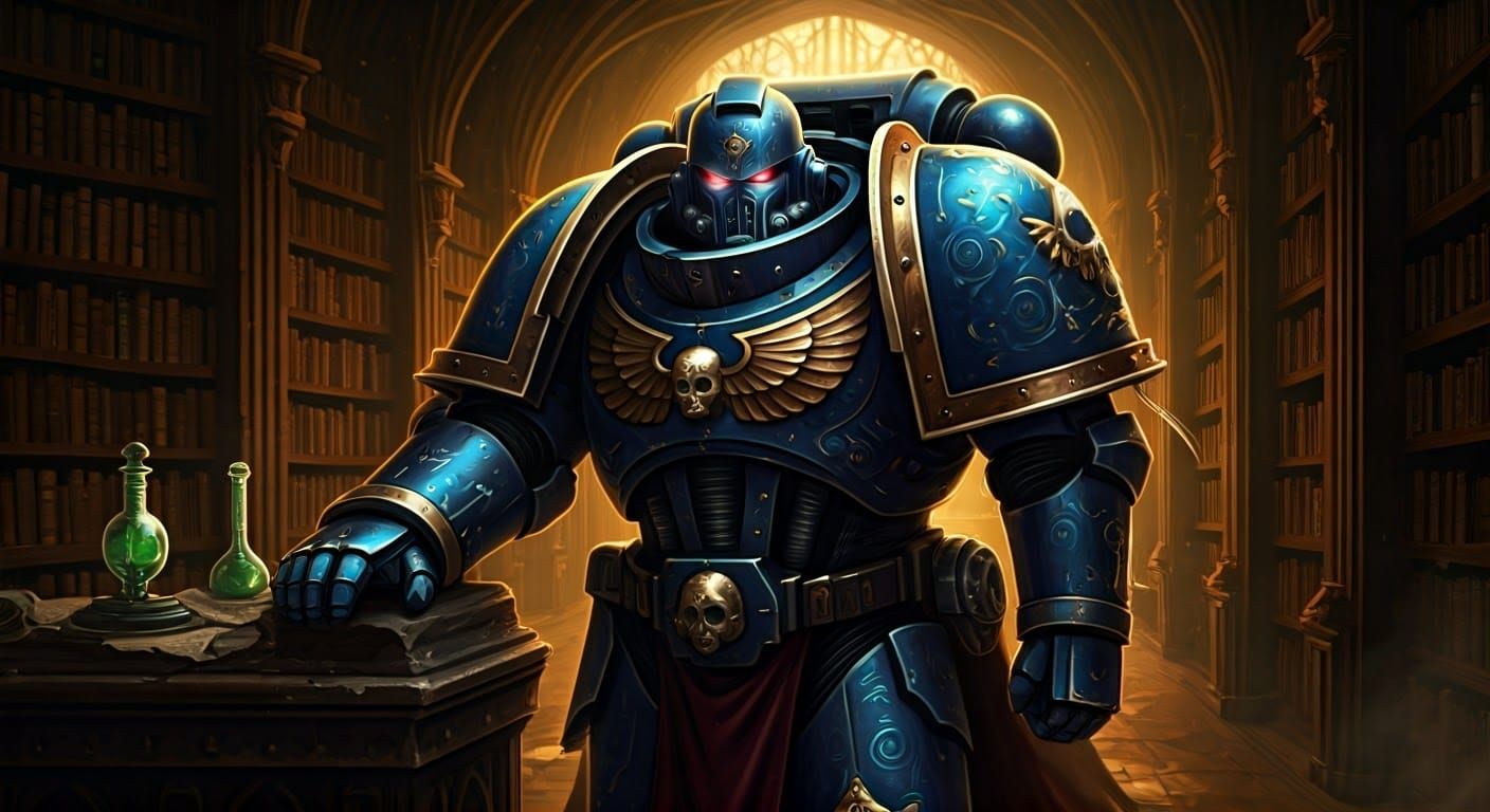 Space Marine Apothecary in Mystical Library, Detailed Portra...