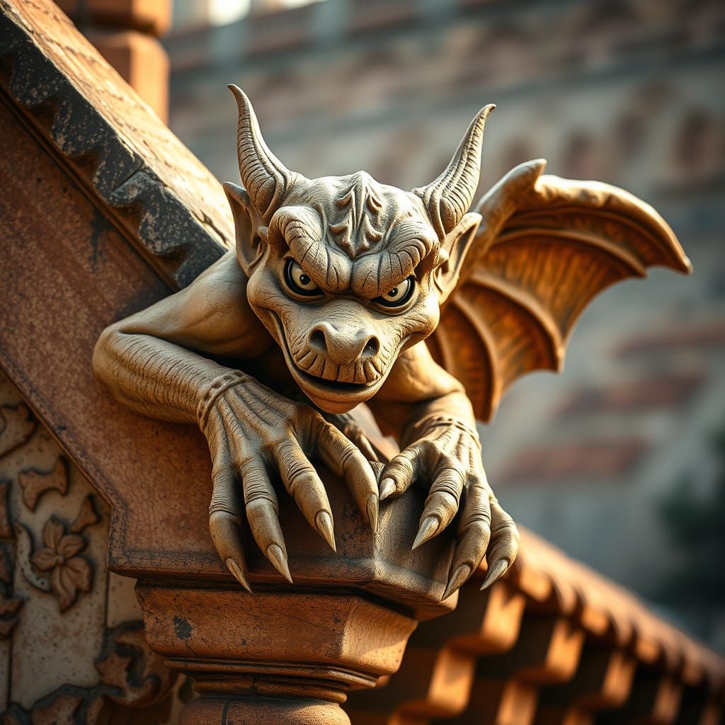 Gargoyle Watching from Medieval Sandstone Rooftop