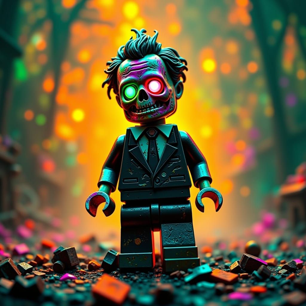 Lego Zombie Rises in Bioluminescent Neon Landscape