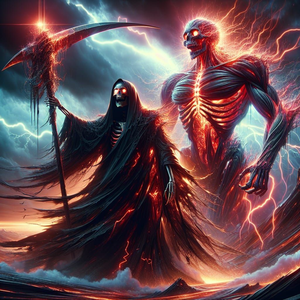 Towering Grim Reaper and Lion in Digital Painting