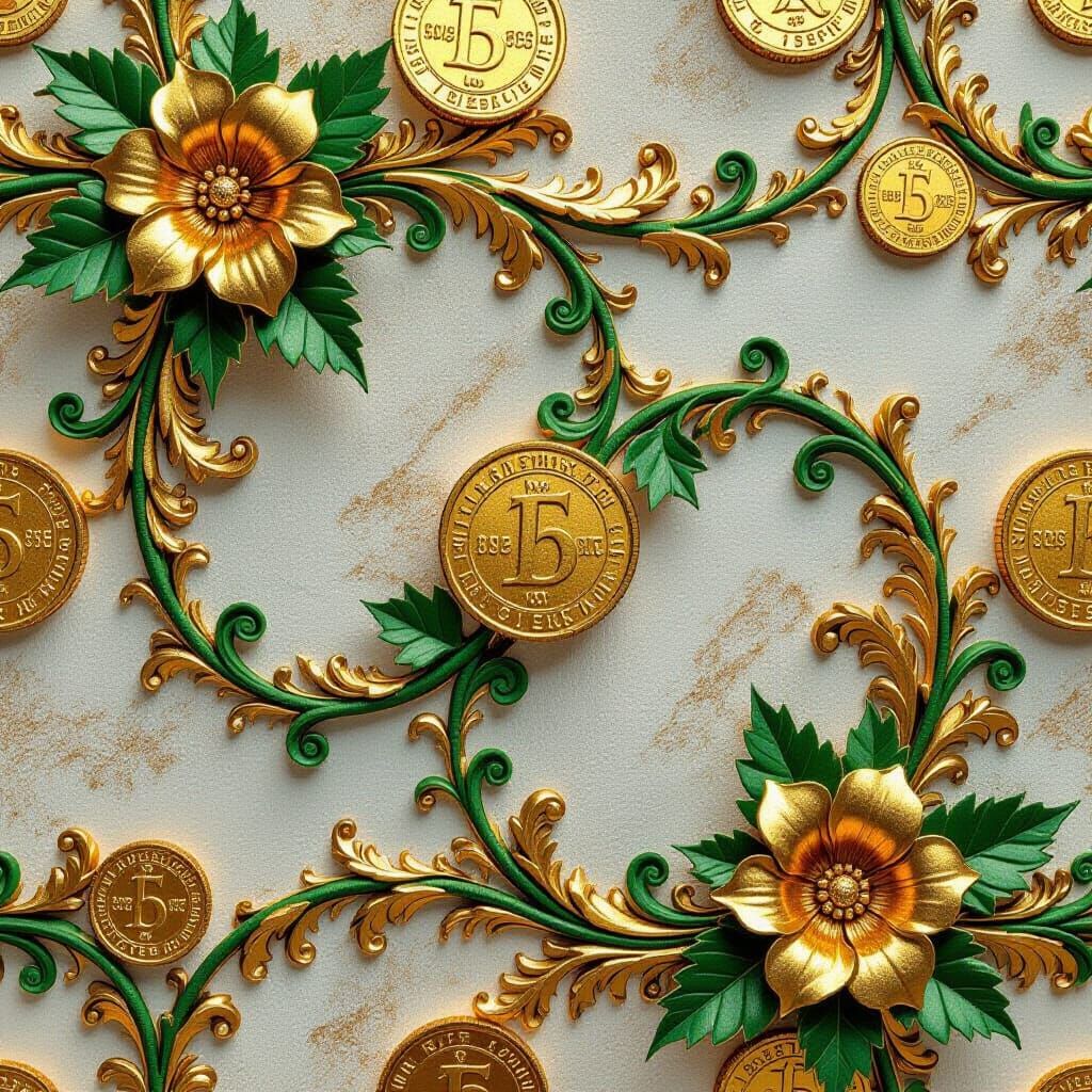 Baroque Gold Coin & Vine Wallpaper in Hyperrealistic Style