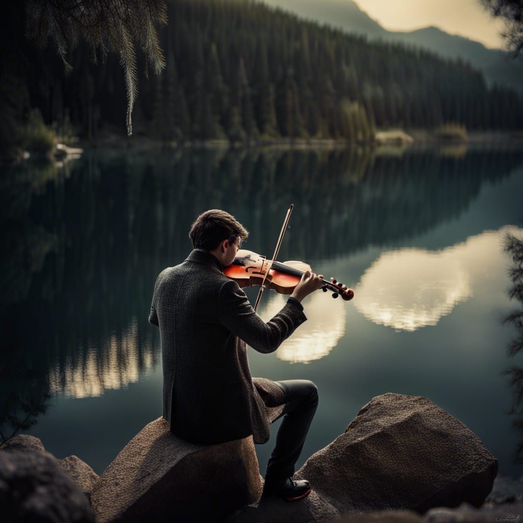 Violinist Plays by Crystal Lake: Hyperrealistic Image