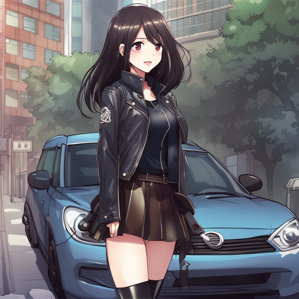 Anime Style Woman in Leather by Car