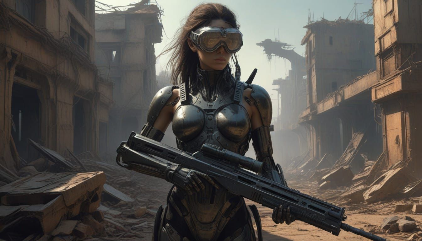 Cyborg Warrior Emerges from Post-Apocalyptic Wasteland in Gr...