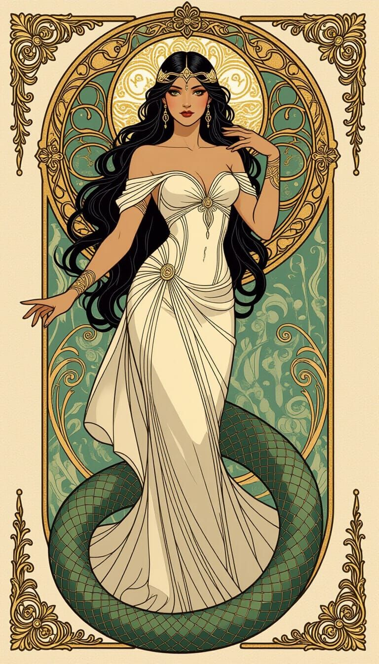 Elegant Serpent-Blooded Creature in Art Nouveau Style