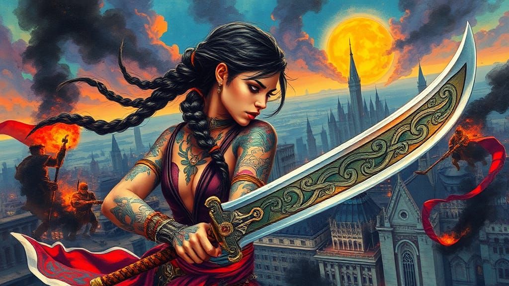 Latina Warrior in Dystopian Cityscape: Surrealist Watercolor