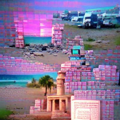 Vaporwave Beach Cove with Roman Ruins