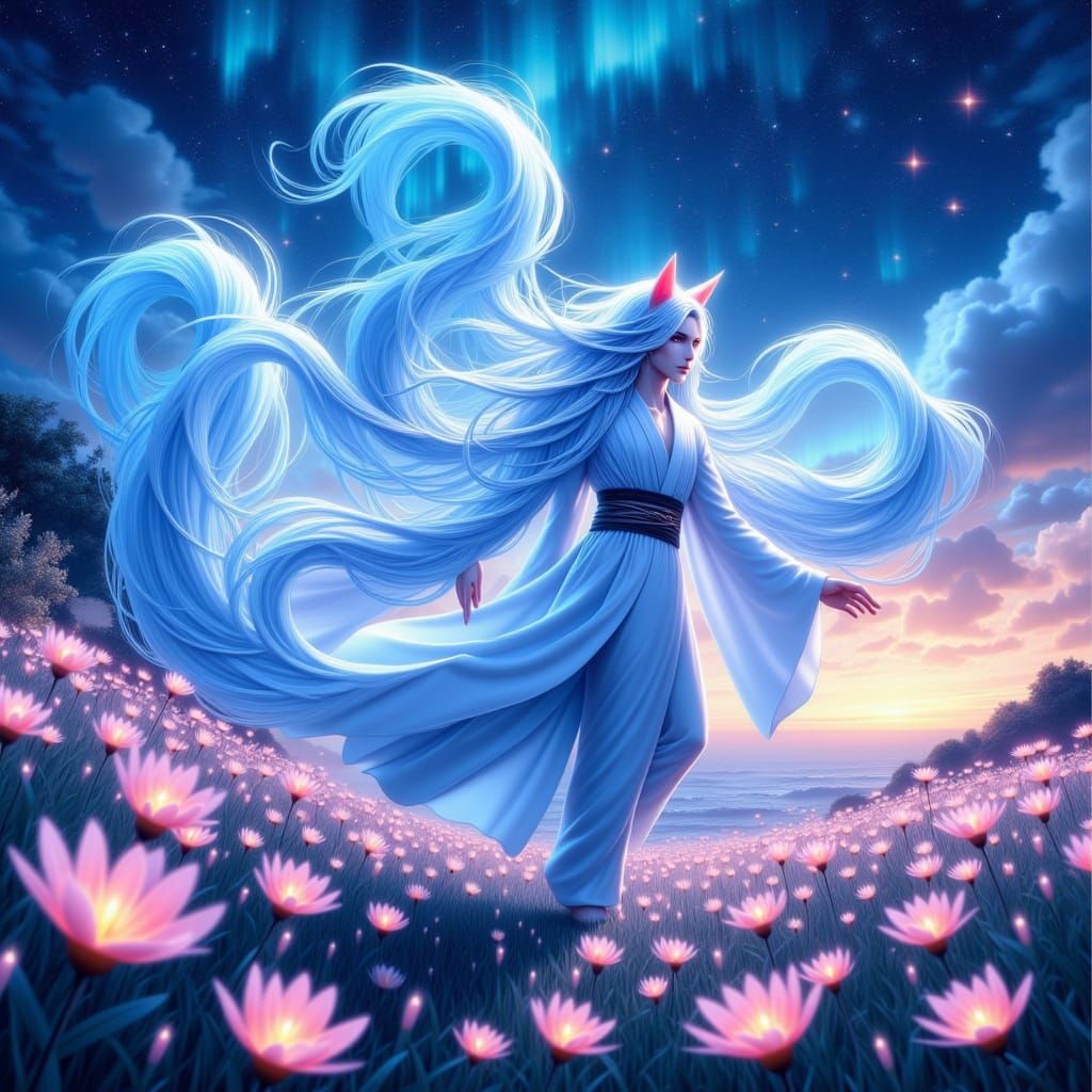 Anime Kitsune Dances Under Aurora Borealis
