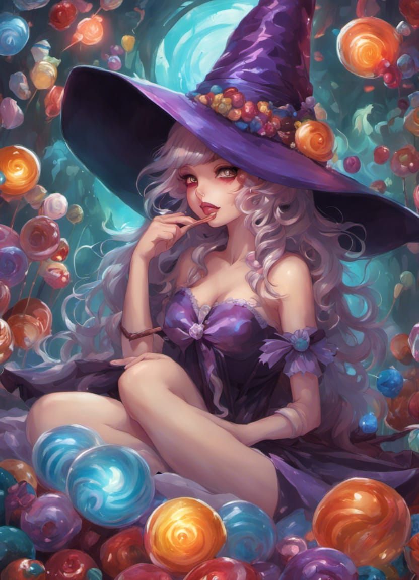 Beautiful Candy Witch with Chocolate in Candy Pile