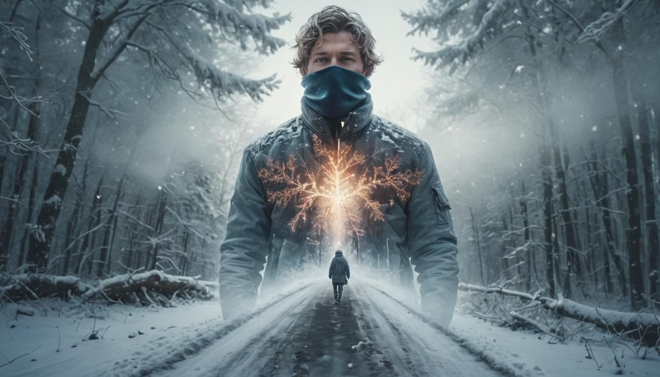 Man Walking in Snowy Forest, Hyper-Realistic Digital Art
