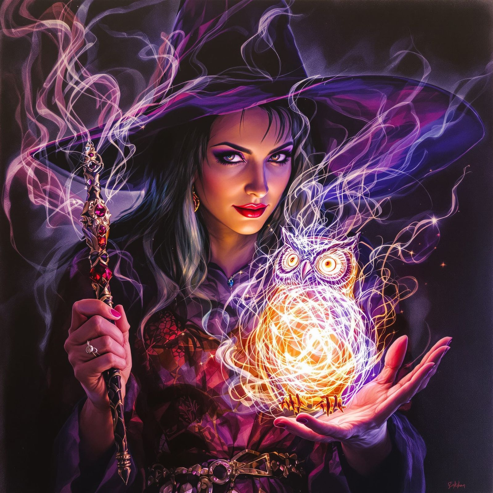 Witch Conjures Owl Sculpture with Magical Light in Charcoal ...