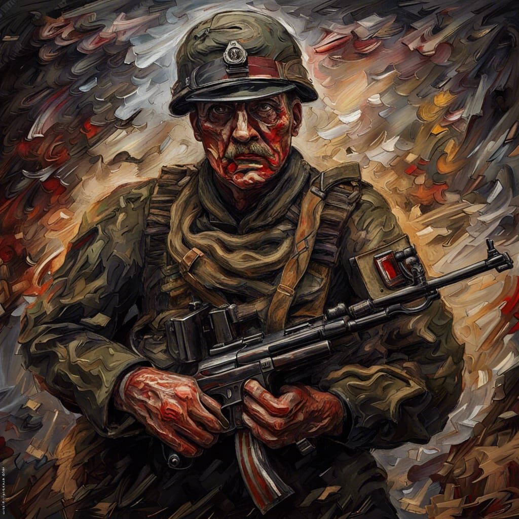 Disturbing Gothic Portrait of a German Soldier as Impasto Pa...