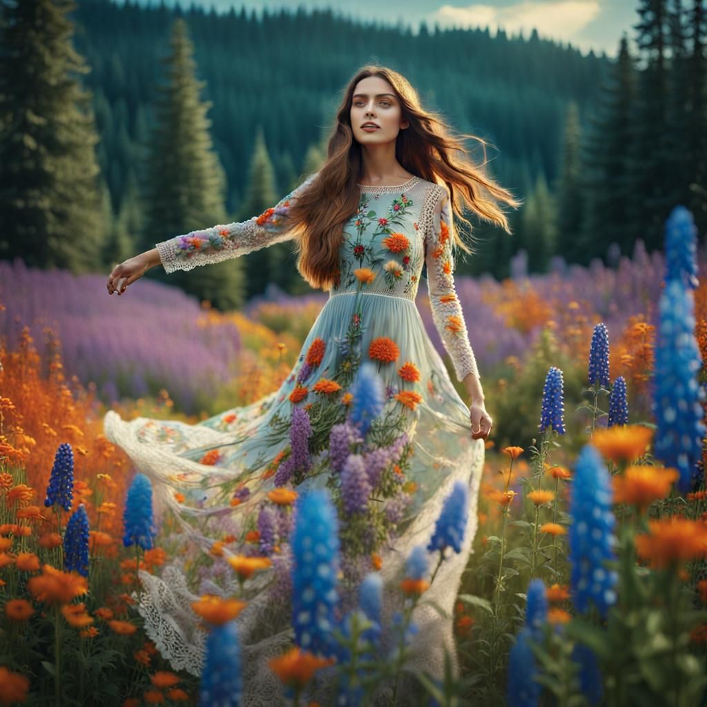 Surreal Woman in Embroidered Dress, Lupine Field