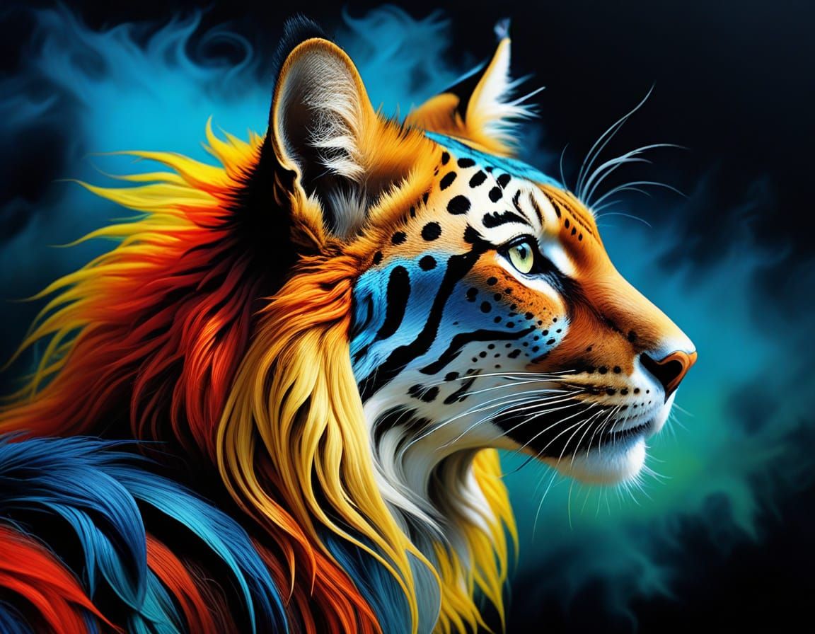 Mystical Multicolored Tiger in Surrealist Oil Painting