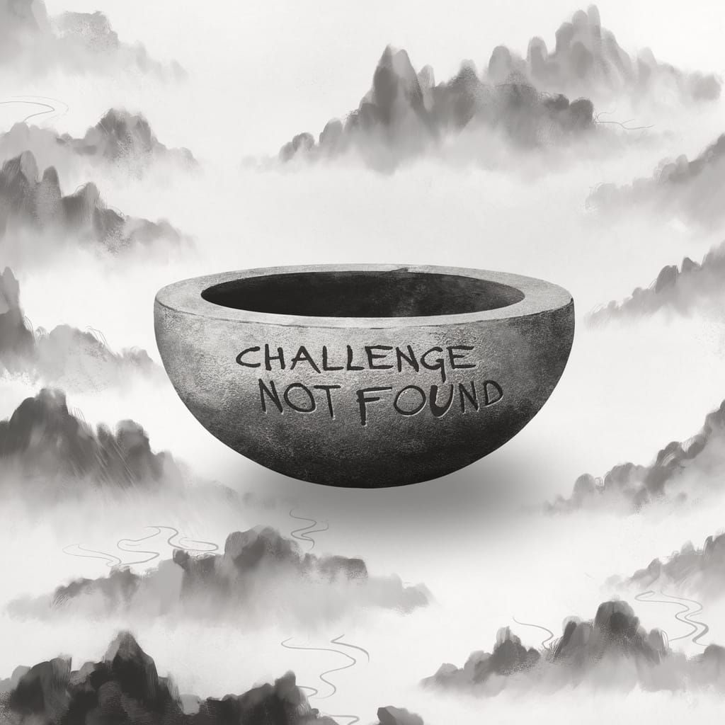 Ancient Script on Empty Stone Bowl in Misty Landscape
