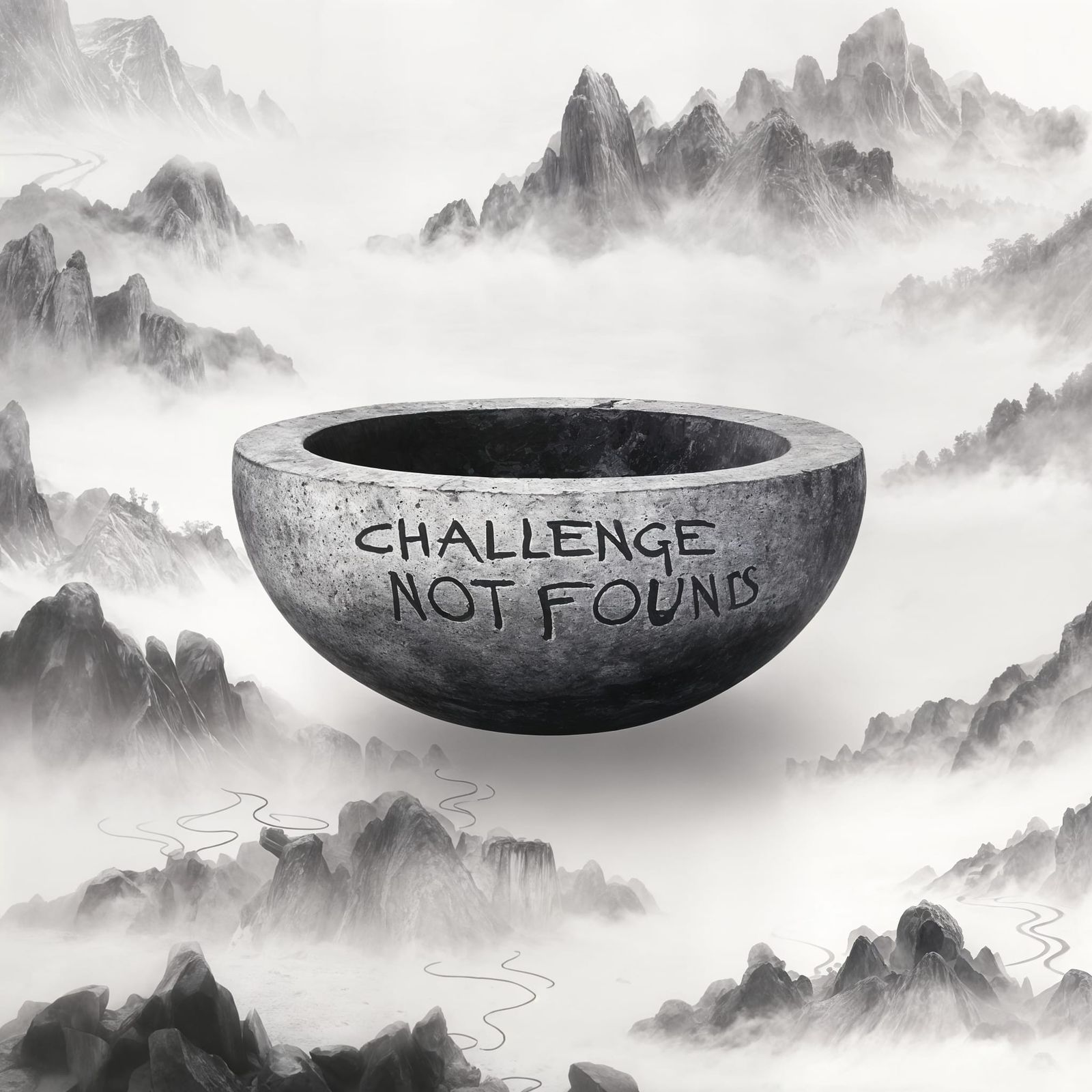 Ancient Script on Empty Stone Bowl in Misty Landscape