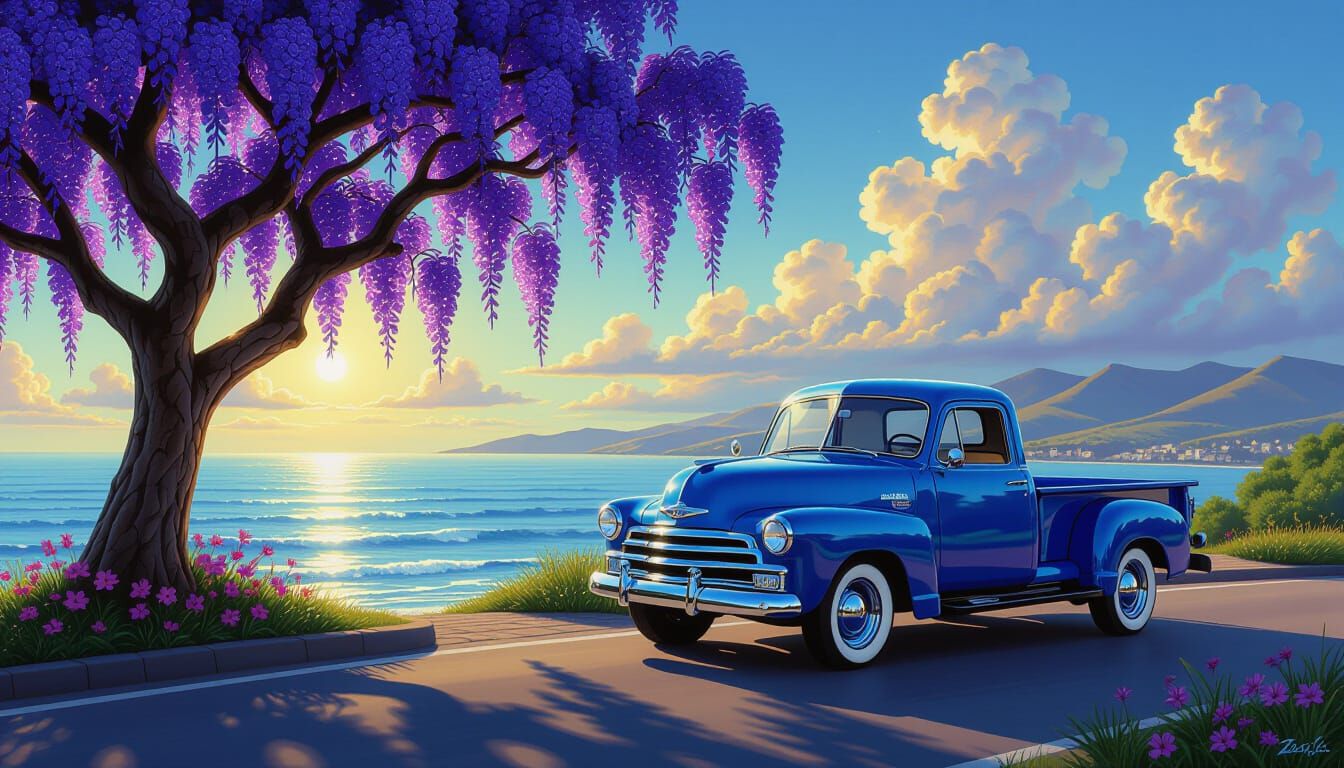 Vibrant Blue Landscape with Vintage Truck