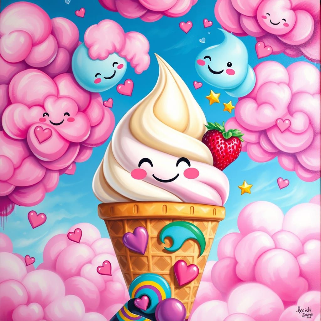 Cheerful Ice Cream Cone with Colorful Sky, Graffiti Style