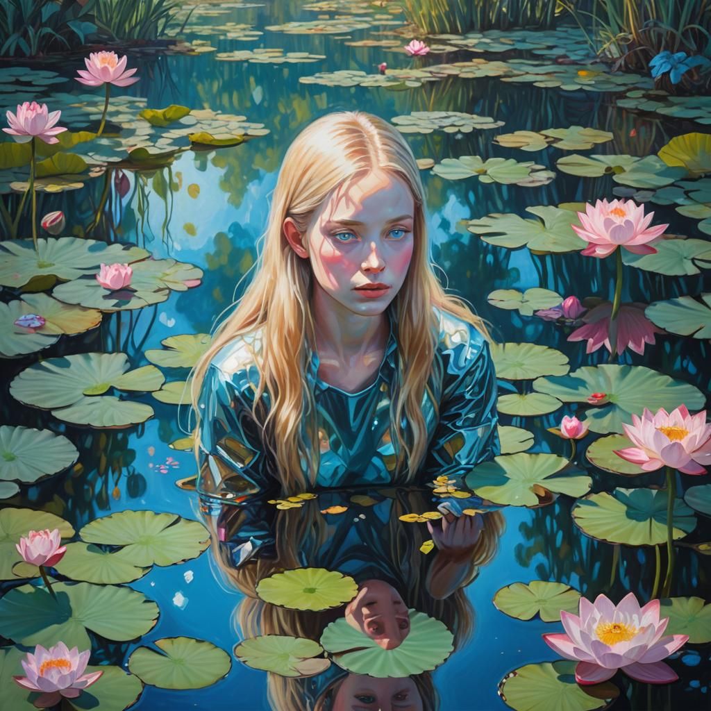 Robot Reflection in Lotus Pond as Impressionist Art