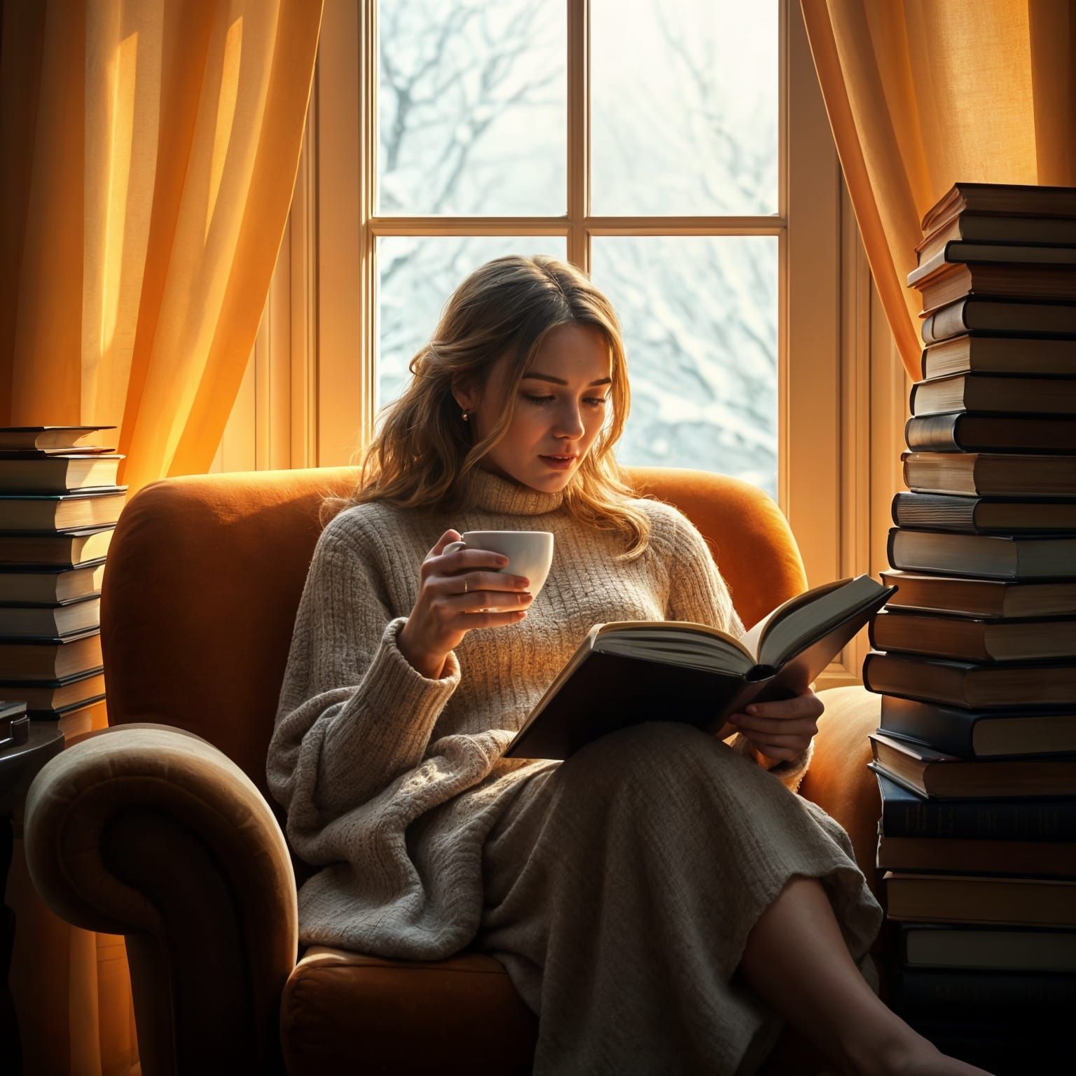 Cozy Winter Morning: Woman Reading in Velvet Armchair