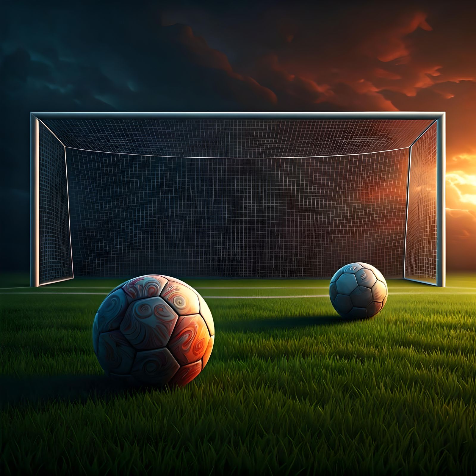Soccer Ball in Goal on Green Field: Matte Painting