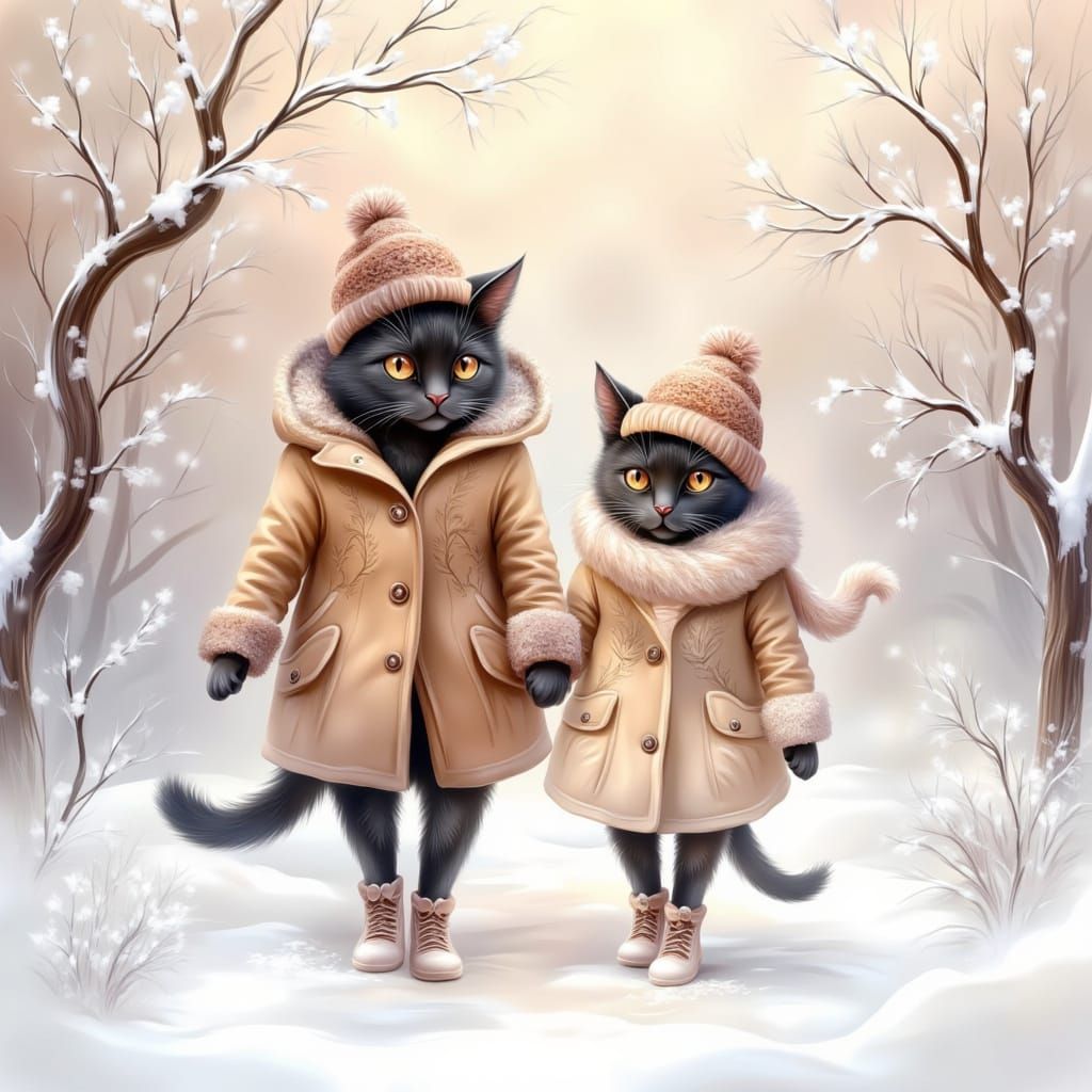 Whimsical Winter Walk with Black Manx Cat