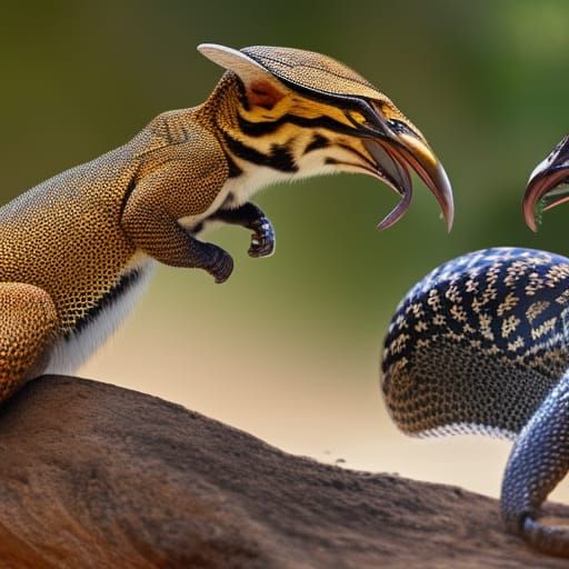 on a filthy street in India, a King Cobra prepares to fight against a Mongoose, detailed New Delhi dirty street, beggars...