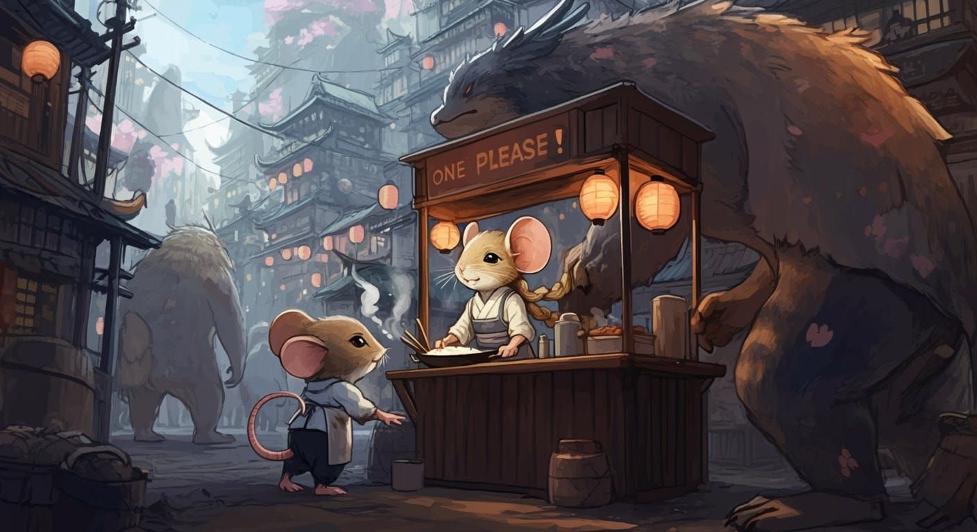 Fantasy Marketplace with Mouse Vendor in Watercolor Style