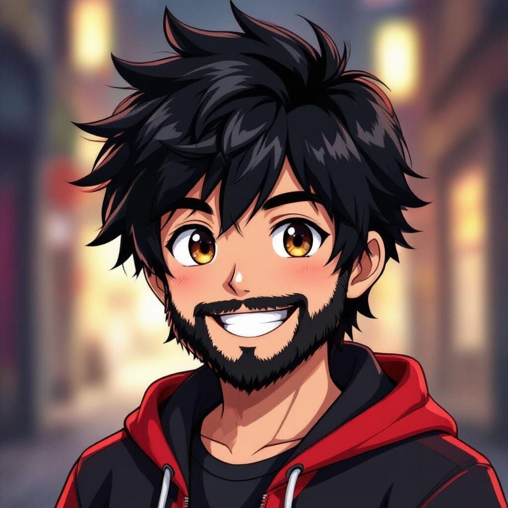 Happy Anime Twitch Emote with Shaggy Hair and Beard